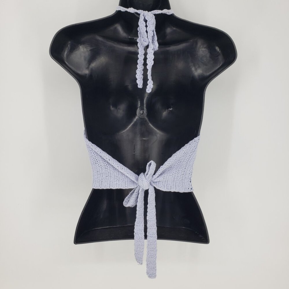 3/$25 Kendall & Kylie Crochet Knit Cropped Halter Top L Boho Backless Ties Blue - Picture 2 of 7